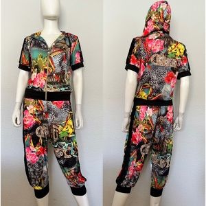 NWT WOMEN 2PC SET HOODED JACKET/DROPPED CROTCH CAPRI STRETCHY‎ ZIPPED LOUNGEWEAR
